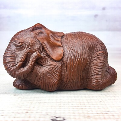Vintage Red Mill Mfg USA Sleeping Elephant 4'' Figurine Faux Wood / Pecan Shells