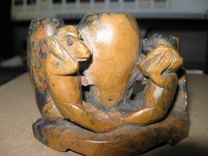 Vintage Chinese Soapstone Hand Carved Vases w/ See, Hear Monkeys - Ink Wells