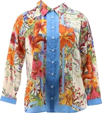 DG2 Diane Gilman Printed Charmeuse Collared Shirt LILIES FLORAL 1X NEW (743)