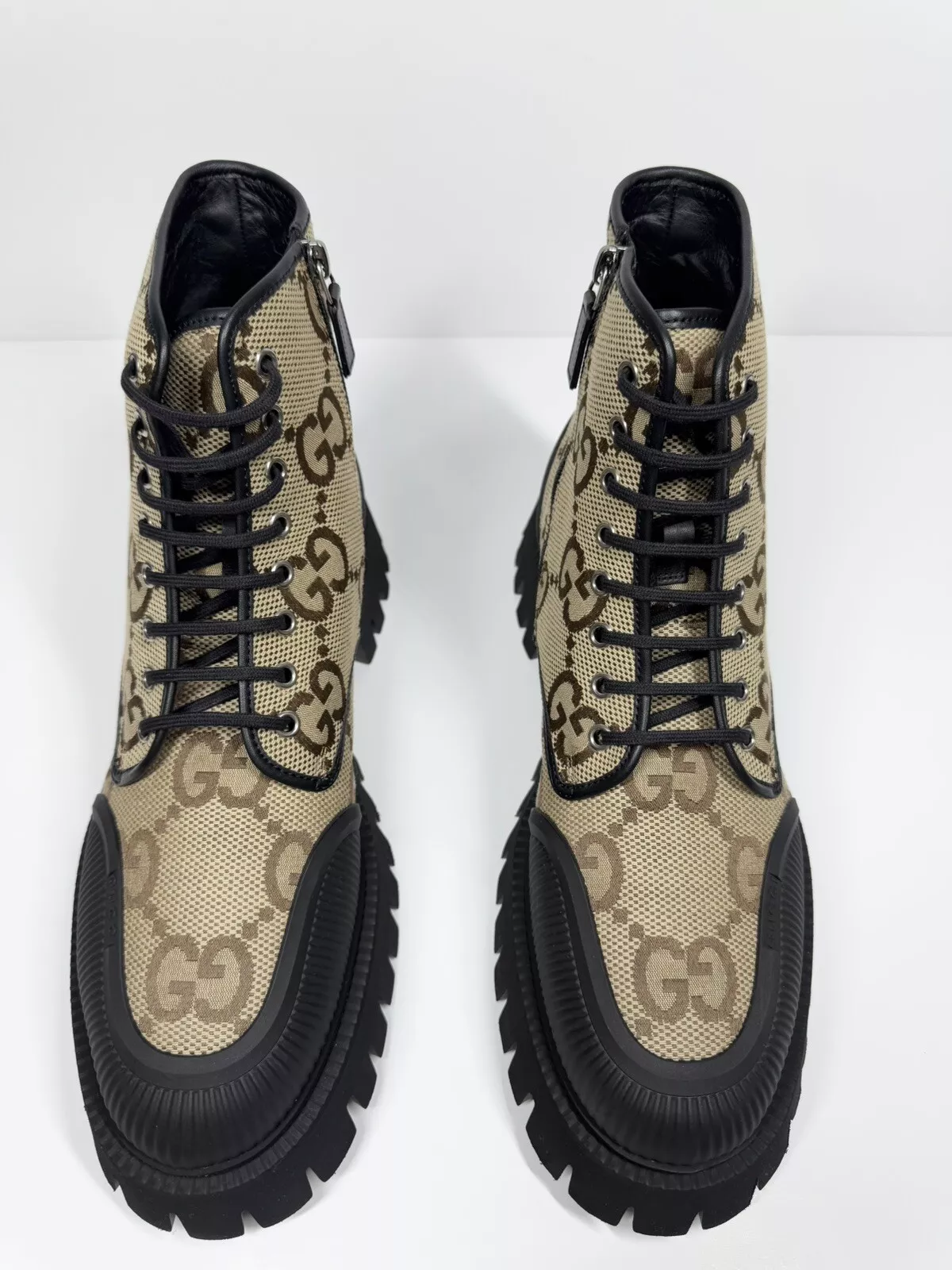 BOTTES GUCCI MAXI GG À LACETS ZIPPÉES BOTTINES CAMEL TOILE ÉBÈNE UK 11,5 US 12