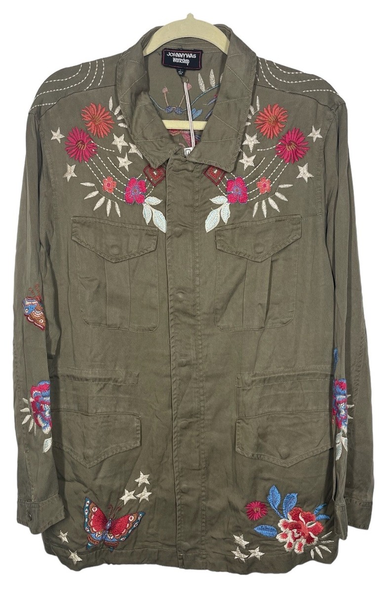 Johnny Was L Mika Paris Drawstring Military Jacket Army