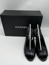 Chanel Black Leather Slingback Peep Toe Interlocking CC Logo Heel sz 38.5 NIB
