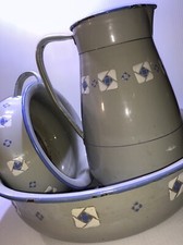 Antique Bavaria 3-pc Enamelware Water Pitcher Bowl Chamber Pot Blue Gray French