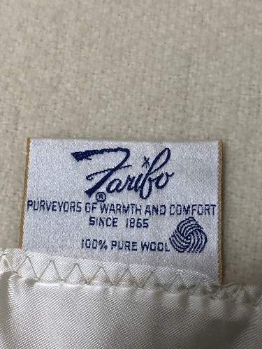 Faribo Queen 100% Pure Wool Blanket Beige Satin 94x96" Faribault Woolen Mill MN - Zdjęcie 5 z 9