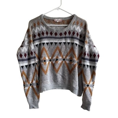 M- Pink Rose Gray Knit Sweater with Geometric Designs