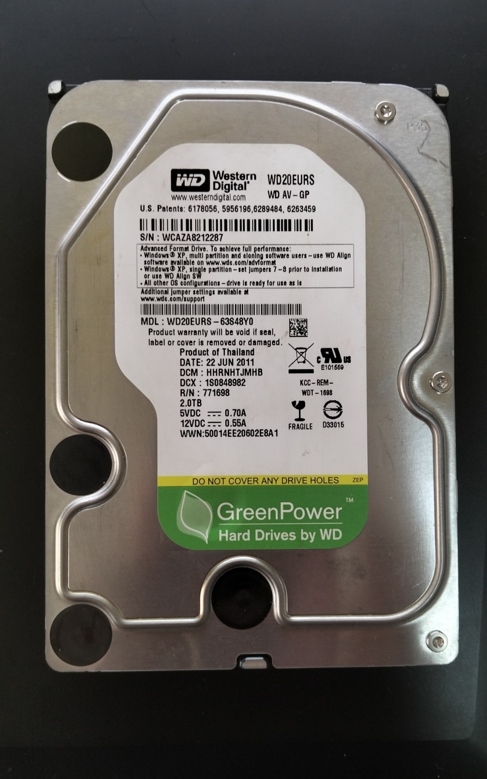 #2 Western Digital WD20EURS 2TB SATA WD AV-GP GreenPower HDD Testato Funzionante