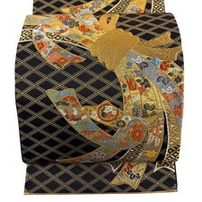 JAPANESE KIMONO BELT FUKURO OBI PURE SILK BLACK ROKUTSU-GARA B5381
