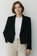 Valentino Miss V Cropped Jacket 42 Black Velvet Trim Textured Italy Blazer 8