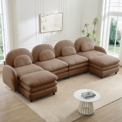 4-Seat Teddy Fabric Modular Sectional Sofa w/ 2 Movable Ottomans, Camel