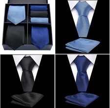 Classis Blue 3 Necktie,3 Hanky Business Gentleman Woven Satin Tie with Gift Box