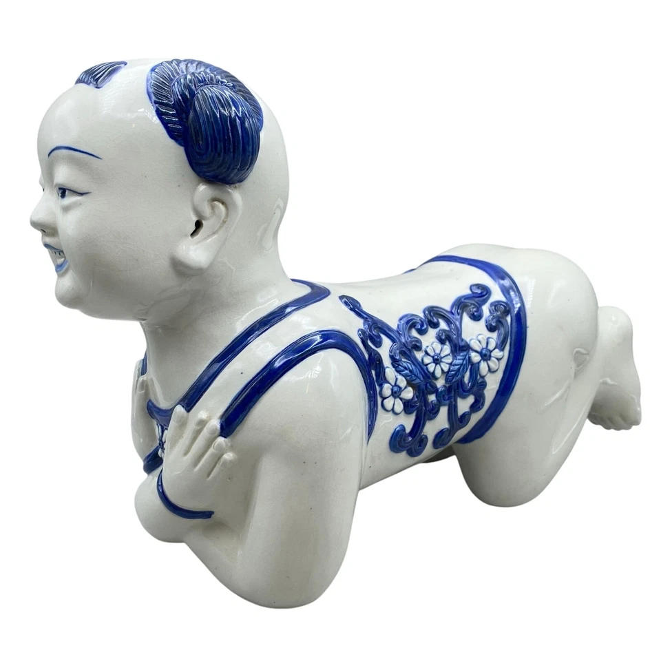 Vintage Asian Chinoiserie Blue White Figural Floral Pillow Baby Buddha Stool - Image 4 of 4