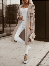 Beige Hooded Long Knit Cardigan Sweater Open Front for Women