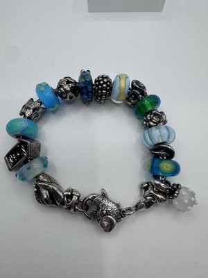 Authentic Trollbeads  Bracelet Fish Clasp W/19 Glass And Sterling Silver Beads
