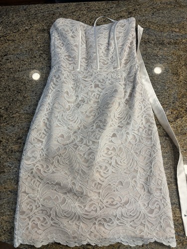 Dessy Collection Strapless Lace Overlay Satin Sheath Dress Size 6 Cream Formal