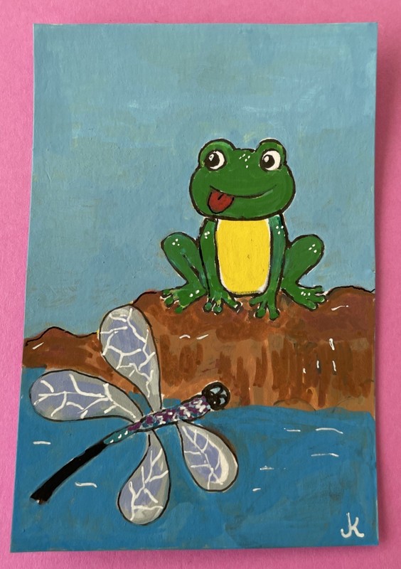 ACEO  Frog and dragonfly original acrylic painting by Jane Kane 