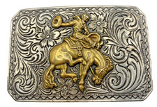 Rodeo Cowboys Bucking Horse Belt Buckle Ornate Floral Scroll Vtg Nocona SILVER