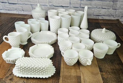 VTG FENTON Hobnail Milk Glass 37 Piece Candy Butter Dish Cups Glasses Ashtrays