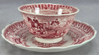 Adams Huntsman Red Transferware Tea Bowl & Saucer Circa 1829-1861