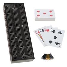 WE Games 3 Player Wooden Cribbage Board Set with storage, Black Stained