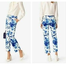 Tory Burch Kara Pant Rosemont Floral Blue White Straight Leg Trousers Size 6 NEW