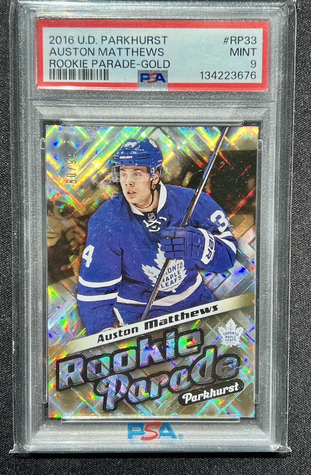 Auston Matthews 2016-17 Parkhurst #RP33 Rookie Parade Gold #/99 PSA 9 Mint