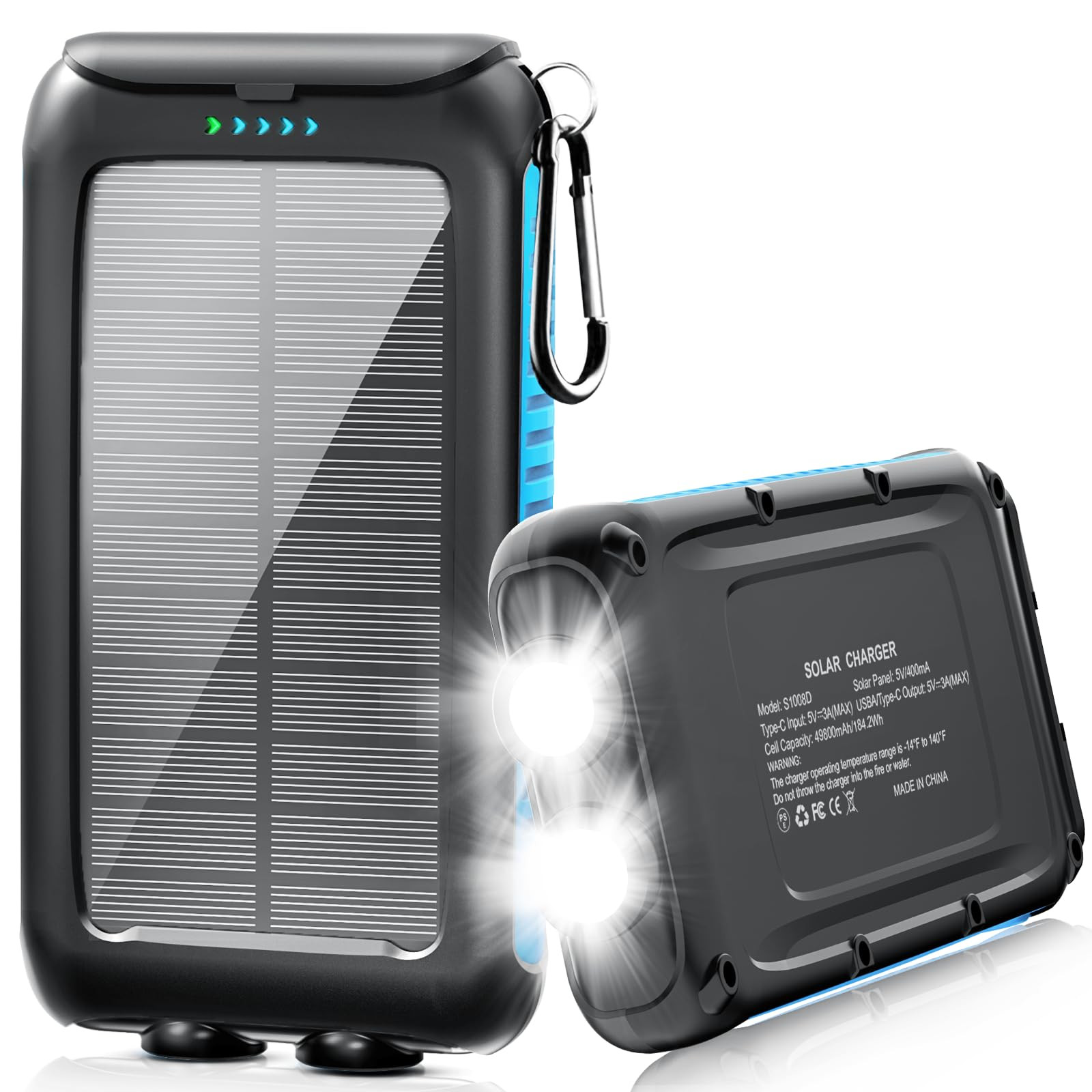 Solar Charger Power Bank 49800mAh Portable Solar Phone Charger with LED Flashlight for Outdoor Camping Emergency Charging