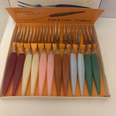 Vintage farbige Retro Cocktail Gabeln 12er Box, Edelstahl verpackt