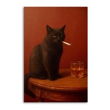 Black Cat Smoking a Cigarette Print Vintage Oil Painting Funny Animal Art