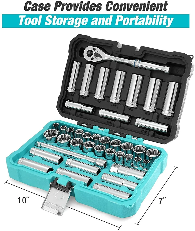 DURATECH 40 PC 3/8"Drive Socket Tool Set SAE/Metric Ratchet Handle Extension Bar - Image 3 of 4