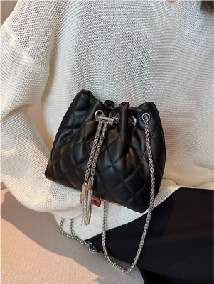 Black Mini Quilted Metal Tassel Decor Chain Bucket Bag | eBay display picture 1