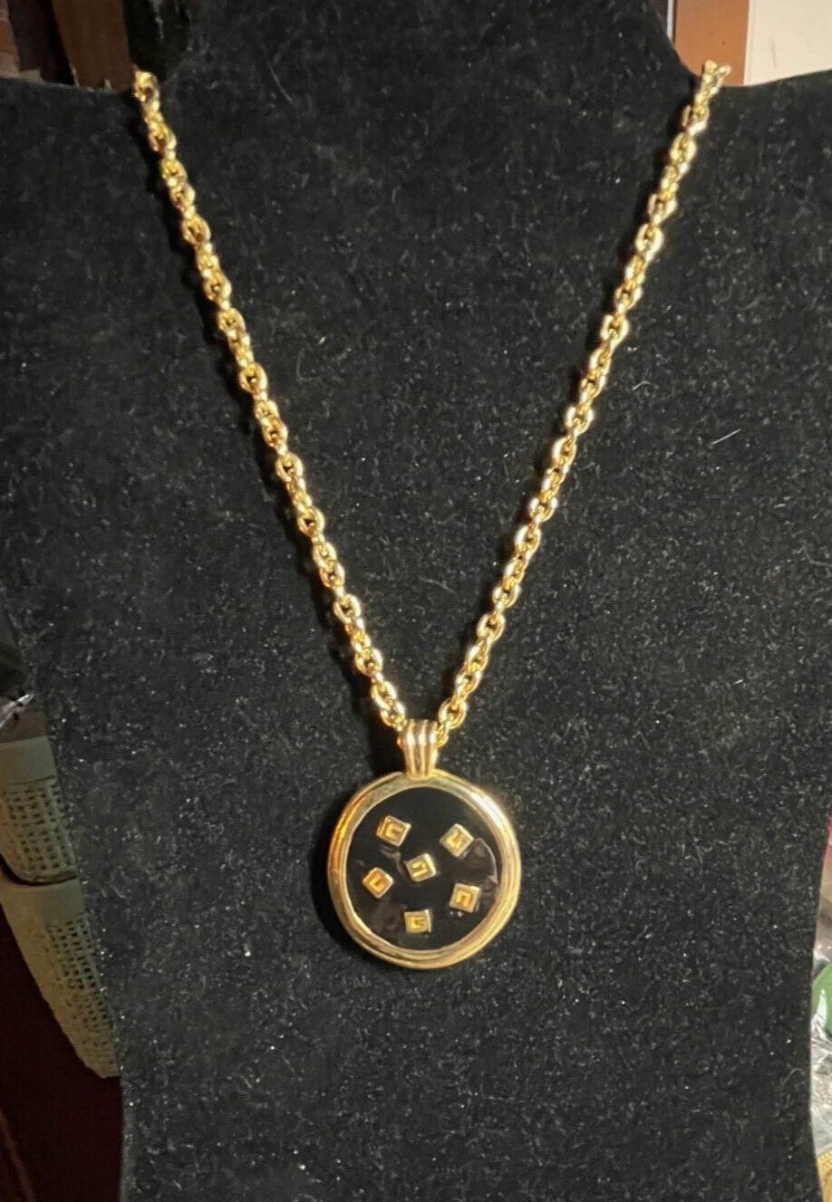 Givenchy Collana Vintage Logo Reversibile Ciondolo Lunga Oro Smalto Nero Firmata
