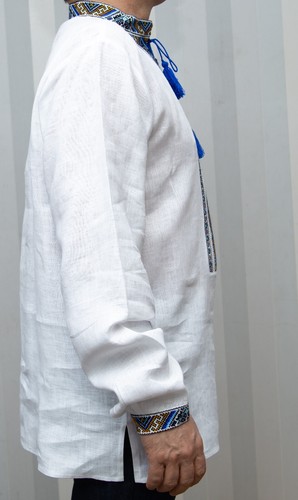 VYSHYVANKA for Men Ukrainian hand white Linen Shirt Blue Yellow Embroidery - Picture 6 of 8