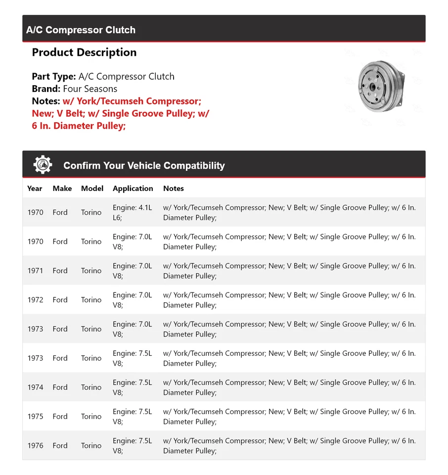 For 1970-1976 Ford Torino A/C Compressor Clutch 4 Seasons 1971 1972 1973 1974 - Image 2 of 4