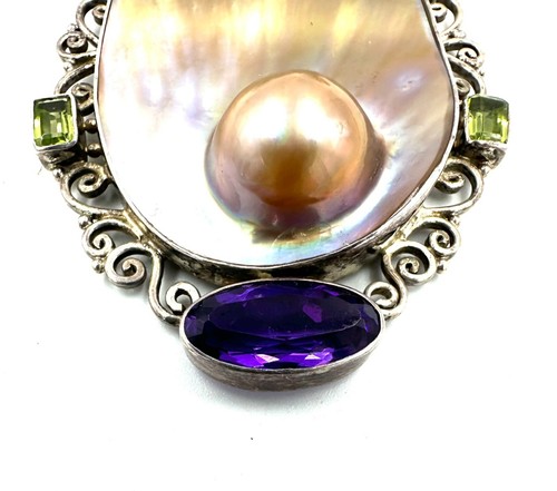 Vintage Sterling Silver Mabe Blister Pearl & Amethyst Pendant Necklace - Picture 4 of 11