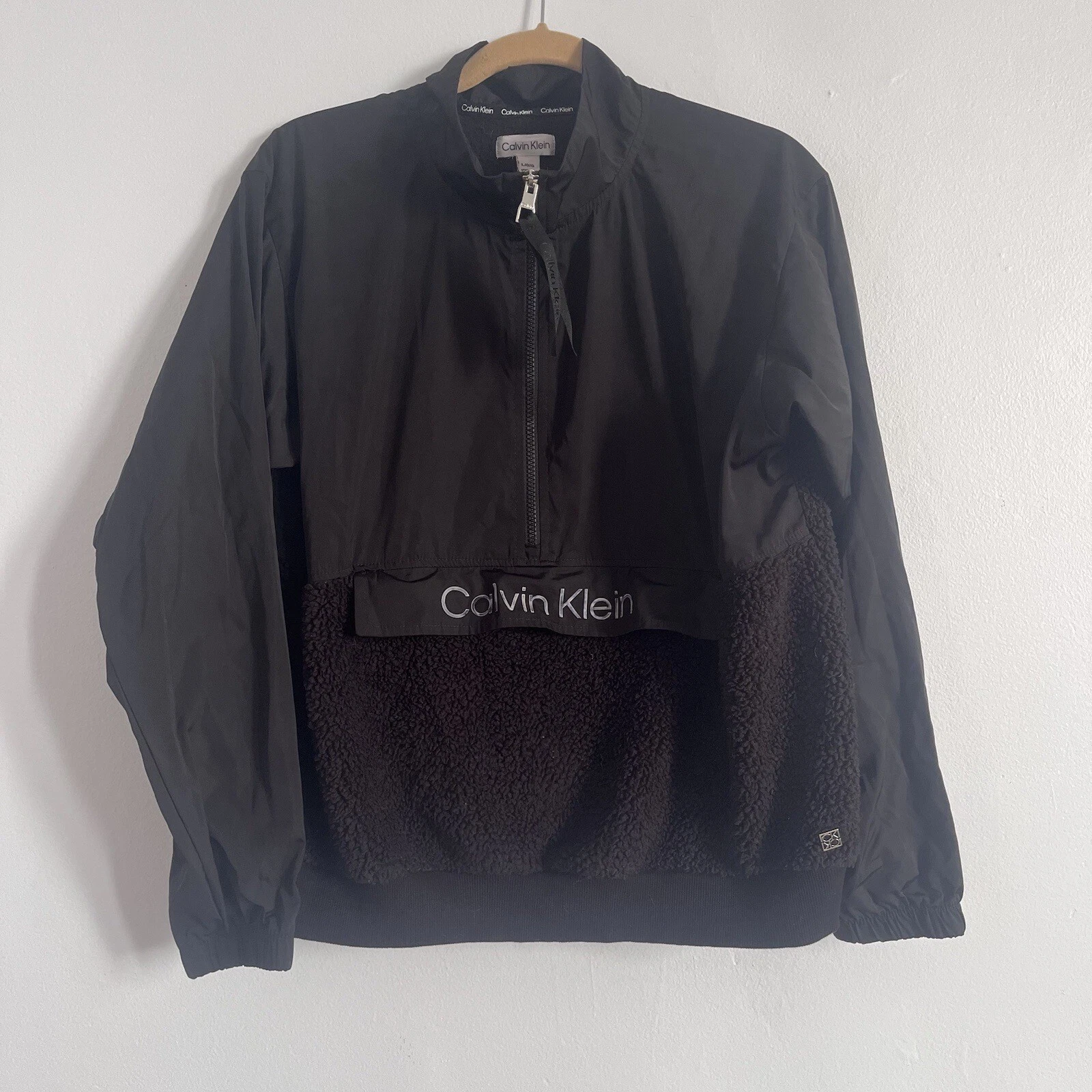 Calvin Klein 1/2 Zip Hooded Windbreaker Fleece Jacket Jet Black Size Large Youth