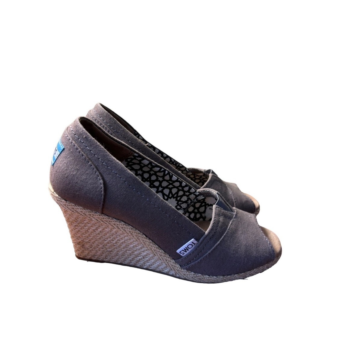 Toms Women's Peep Toe Wedge Heels Gray Canvas Espadrilles Size