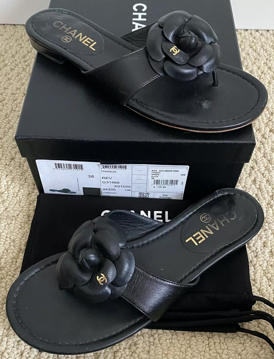 Chanel Camellia Flower CC Logo Black Leather Flip Flops Thong Sandals 38 8  $775