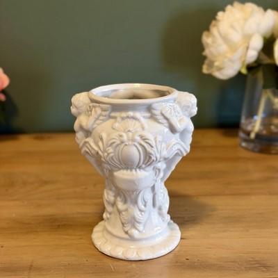 Vintage White Cherub Vase Planter | Angel Putti Relief | Cottagecore