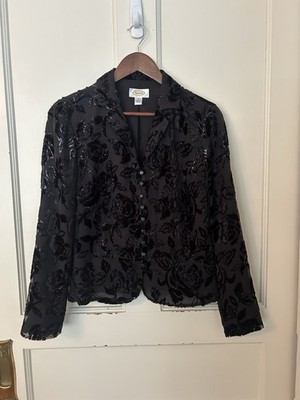 Vintage Talbots Velvet Burnout Glitter Blouse Womens Size 8 Black Classic Whimsy