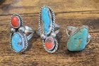 3 Vintage Sterling Silver Southwestern Rings with Turquoise & Coral - Size 7.5