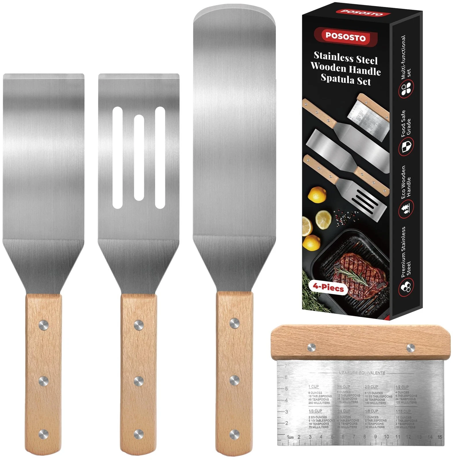 4Pcs Stainless Steel Metal Flat Long Wide Spatula Set for Grill BBQ