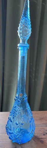 VTG Art Bubbled Glass 21in Blue Empoli Bottle Italian Grapes Rare Color