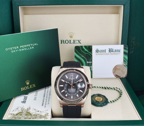ROLEX 42mm 18kt Rose Gold Sky Dweller Slate Dial Oysterflex 326235 Sant Blanc
