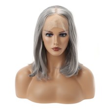 Spitze Vorder Perücken Hitzebeständige Mittel Gerade Bubikopf Perücken Grau 12"