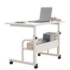 Two Tier Over Bed Table 60cm White, Height Adjustable Mobile Bedside Table UK