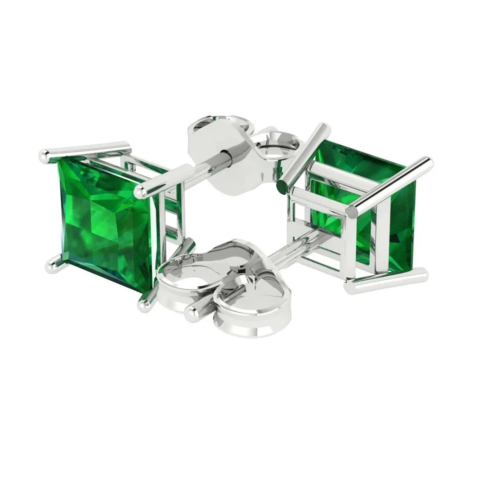4 cttw Princess Simulated Emerald Gold-Plated Push Back Stud Earrings for Women - Image 2 of 4
