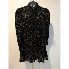 MIC 282 Dare to Dazzle Black Velvet Burnout Dress Gold Sparkle Ruffle Mock Neck