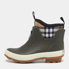 Burberry Olive Green Rubber and Vintage Check Neoprene Rain Boots Size 29