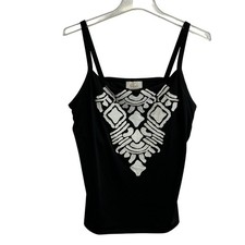 Style Swimwear Tankini Top Womens XL Black White Shelf Bra Geometric Applique