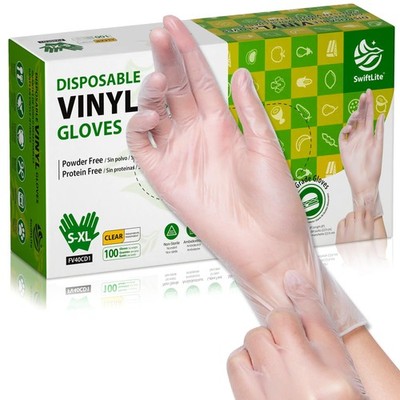 SWIFTLITE Disposable Vinyl Gloves, Food Safe, Latex-Free Medium, Clear 
